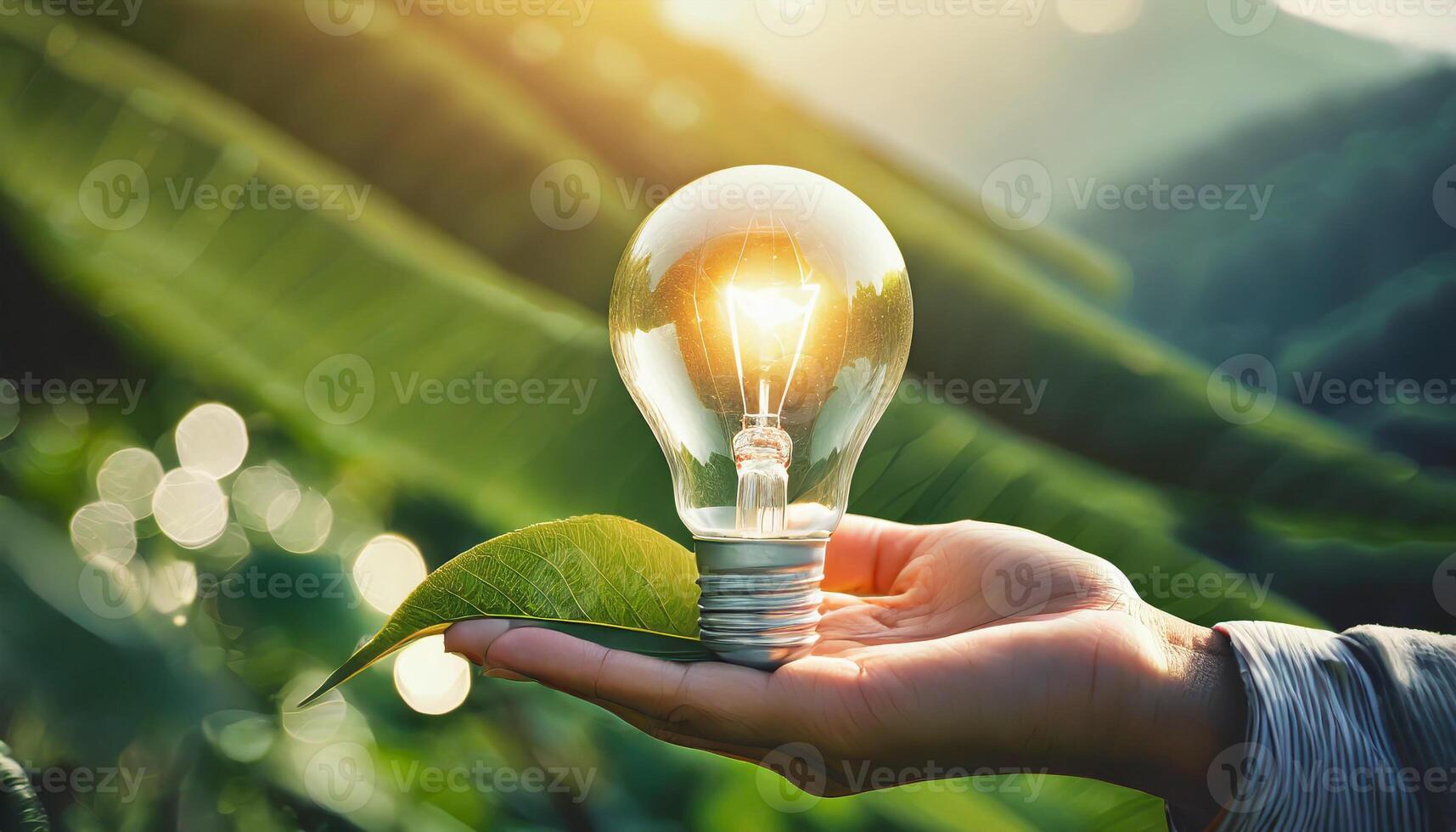 AI generated hand holding light bulb against nature on green leaf with energy sources sustainable developmen and responsible environmental energy sources for renewable ecology concept photo