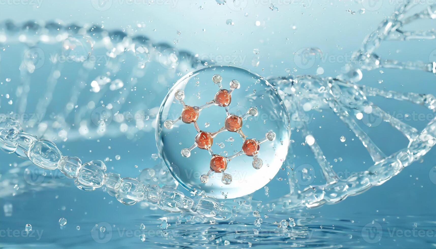 AI generated Liquid bubble, a molecule inside a liquid bubble against a background of splashing water DNA photo