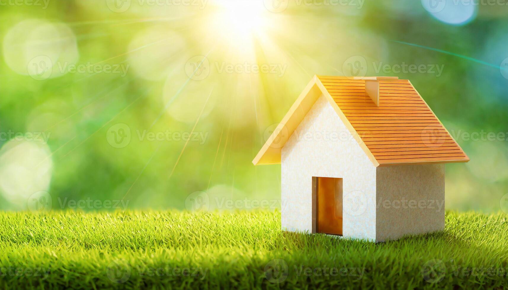 AI generated Copy space of home and life concept. Small model home on green grass with sunlight abstract background. photo