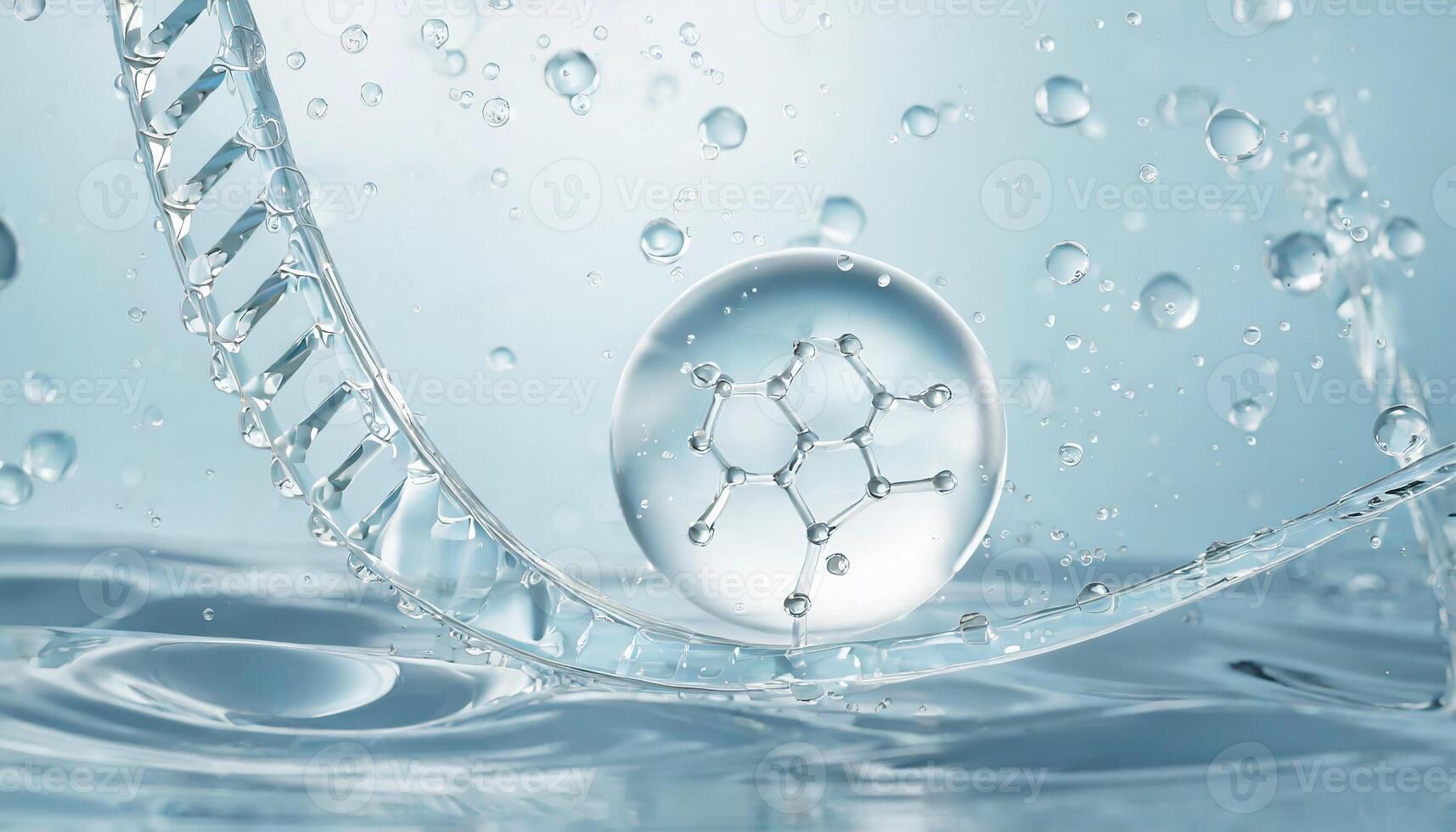 AI generated Liquid bubble, a molecule inside a liquid bubble against a background of splashing water DNA photo