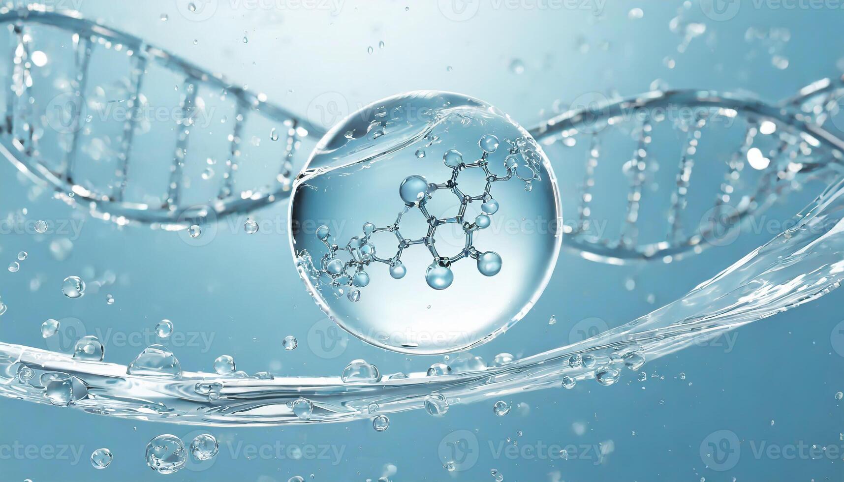 AI generated Liquid bubble, a molecule inside a liquid bubble against a background of splashing water DNA photo