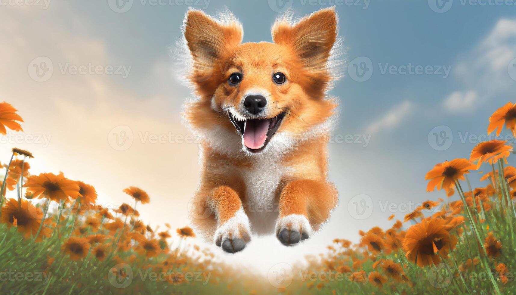AI generated Dog jumping in the air, small orange fluffy dog on isolated backgroun, animals, pet, hungry, playing, puppy wanting food, puppy. photo