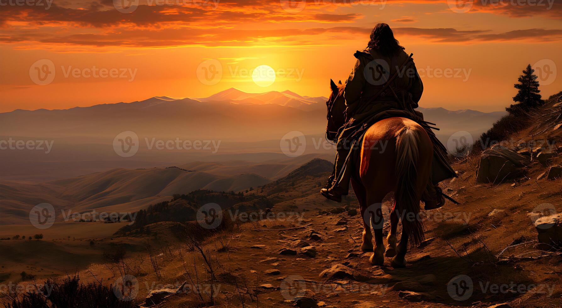 AI generated Mongolian Genghis Khan on horseback in the golden rays of a warm sun photo