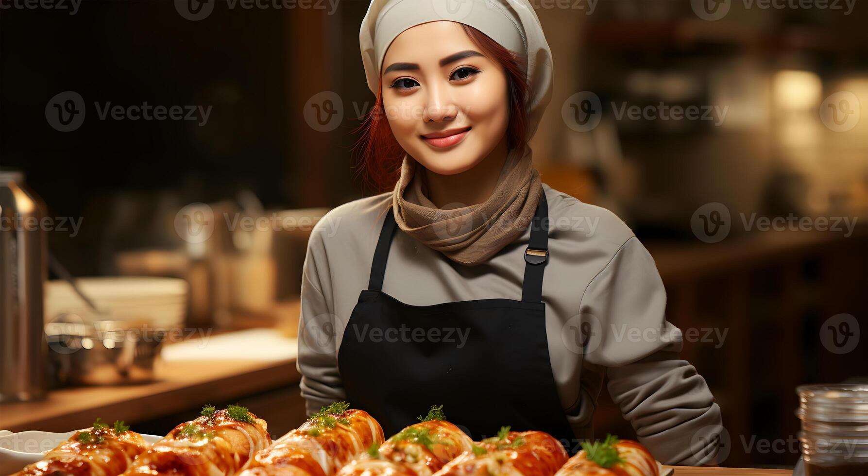 AI generated A girl is standing in the kitchen with delicious funny dumpling recipe photo