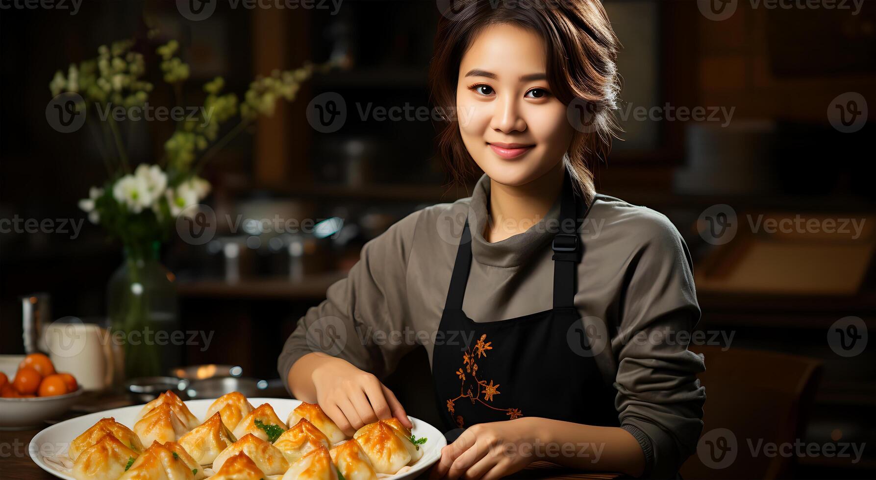 AI generated A girl is standing in the kitchen with delicious funny dumpling recipe photo