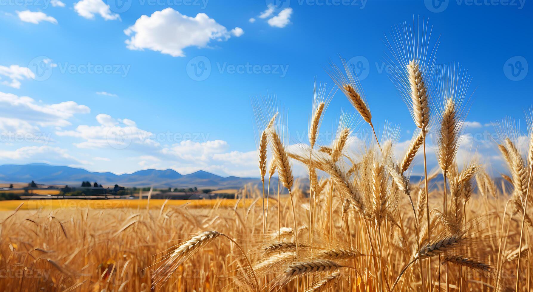 AI generated View of a Beautiful golden wheat field under a blue sky photo