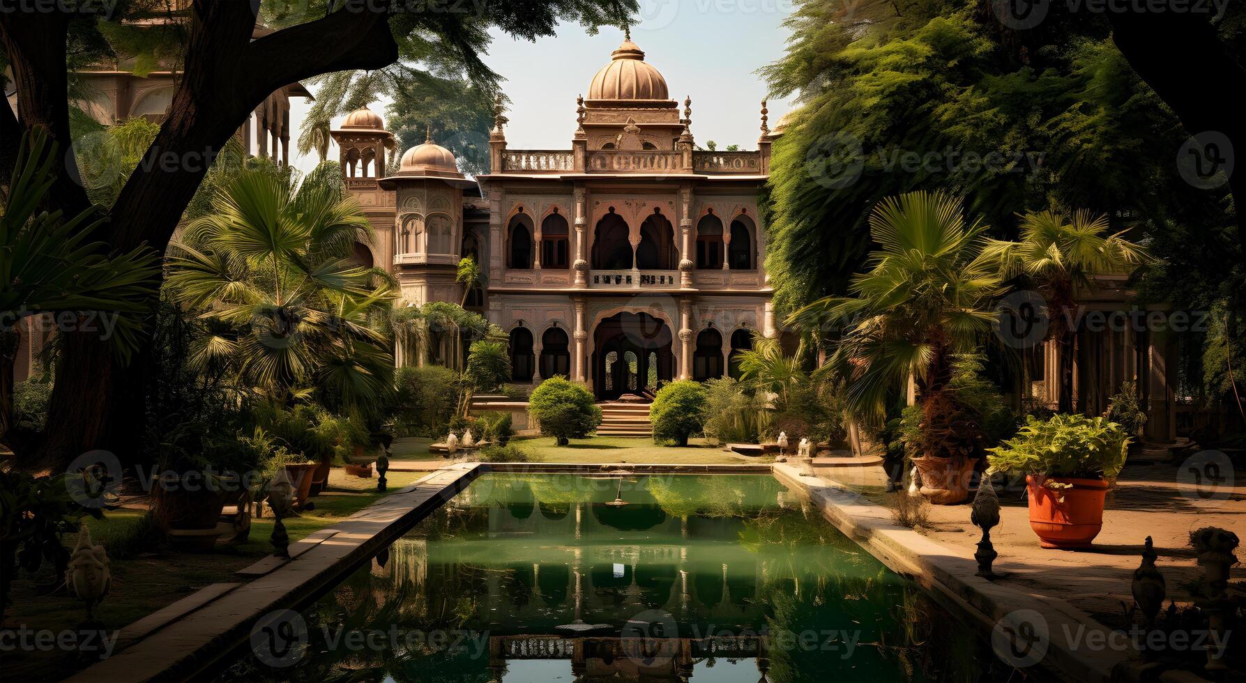 AI generated Beautiful view of an old Zamindar house and some green trees photo