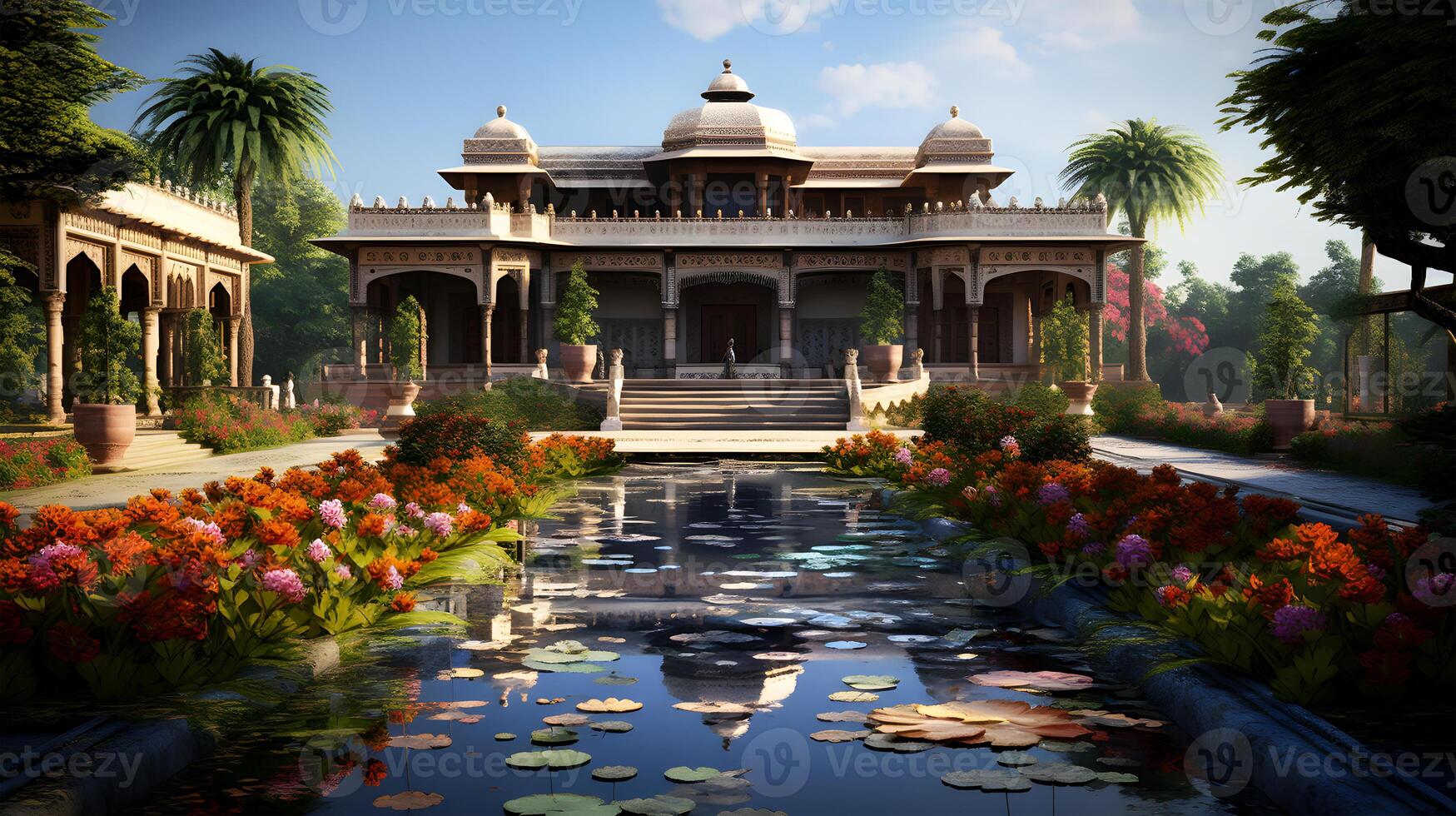 AI generated Beautiful view of an old Zamindar house and some green trees photo
