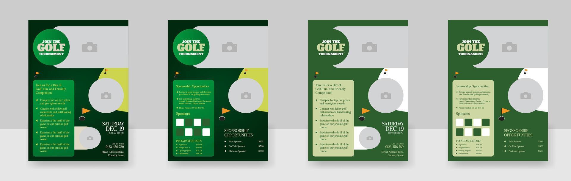 golf torneo volantes plantilla, vector ilustración eps 10 oro torneo doble lado o página volantes modelo