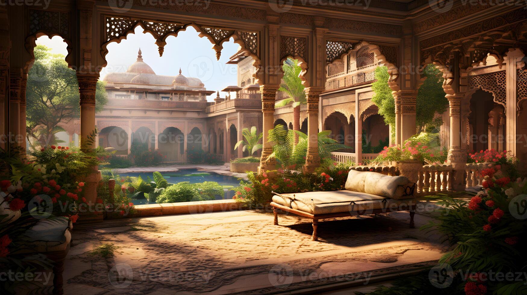 AI generated Beautiful view of an old Zamindar house and some green trees photo