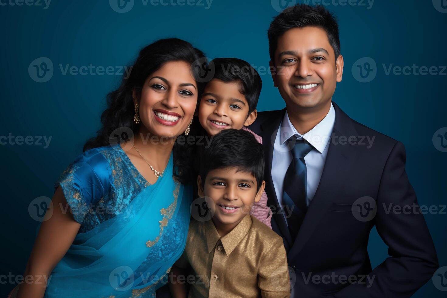 AI generated Illustration photo portrait of beautiful indian family. Parents with kids on studio background