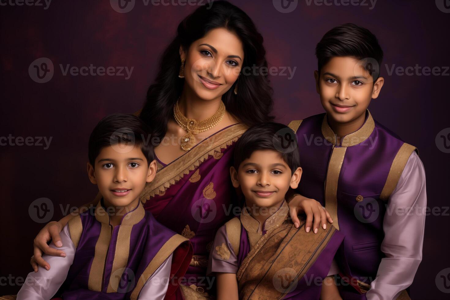 AI generated Illustration photo portrait of beautiful indian family. Parents with kids on studio background