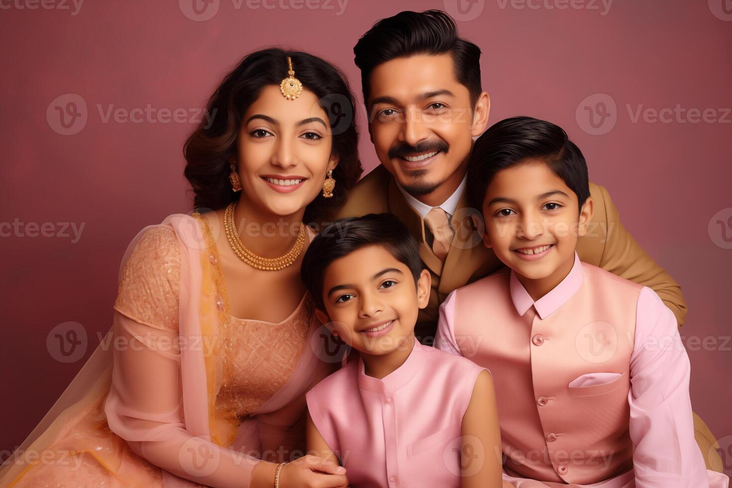 AI generated Illustration photo portrait of beautiful indian family. Parents with kids on studio background