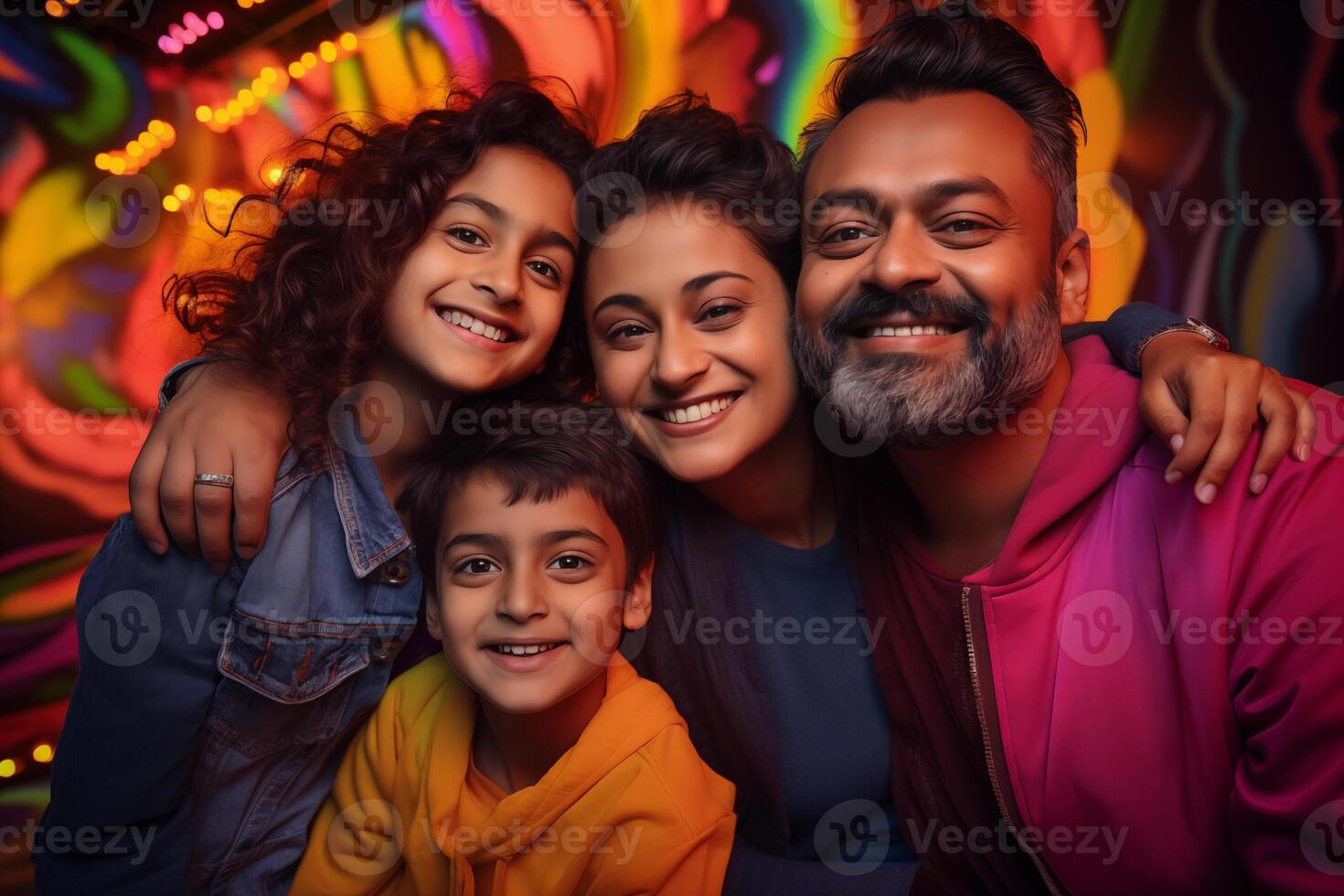 AI generated Illustration photo portrait of beautiful indian family. Parents with kids on studio background