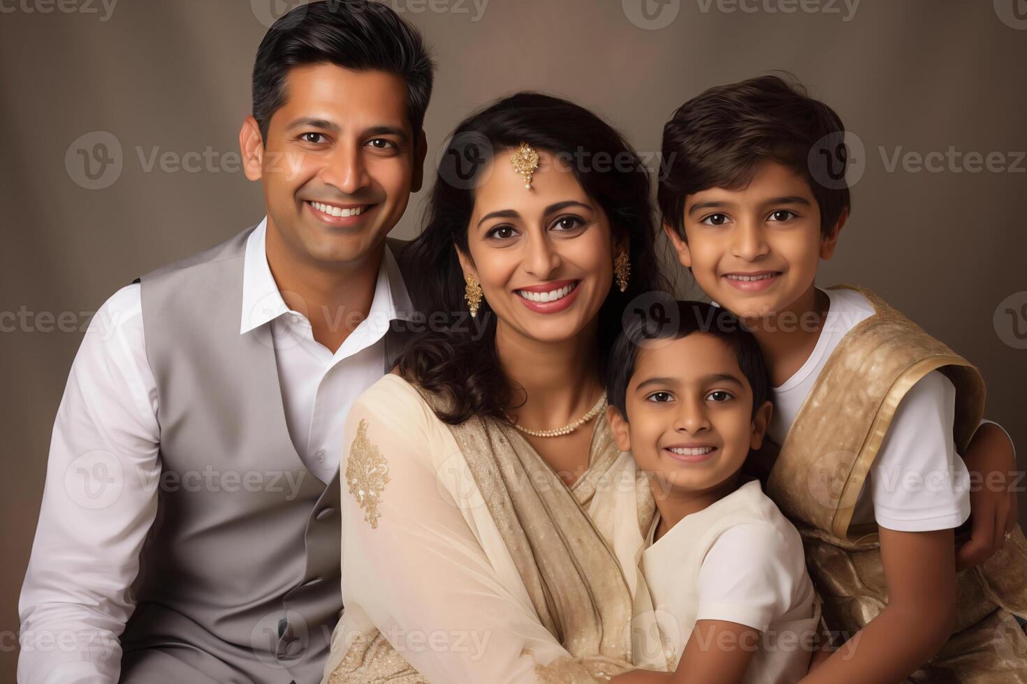 ai generado ilustración foto retrato de hermosa indio familia. padres con niños en estudio antecedentes