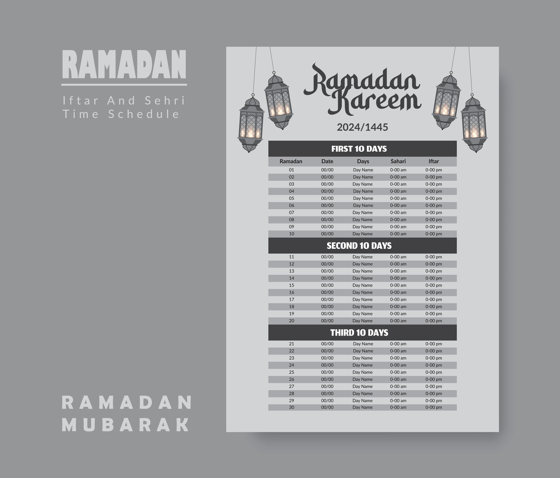 Ramadan Calendar Design Template 2024, Ramadan schedule, Imsakia design
