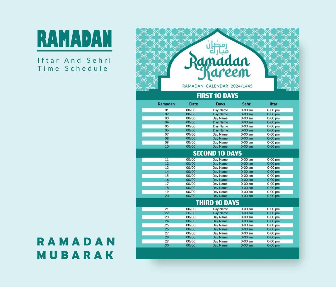 Ramadan Calendar Design Template 2024, Ramadan schedule, Imsakia design for Ramadan Kareem 2024 - 1445 Prayer times in Ramadan, Islamic Calendar and Sehri Ifter time Schedule. vector