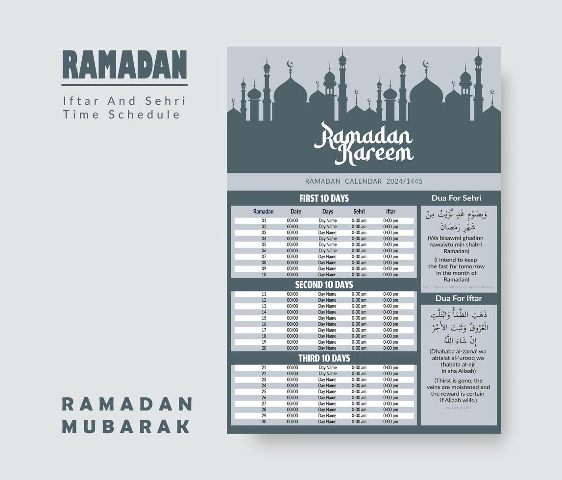 Ramadan Calendar Design Template 2024, Ramadan schedule, Imsakia design for Ramadan Kareem 2024 - 1445 Prayer times in Ramadan, Islamic Calendar and Sehri Ifter time Schedule. vector