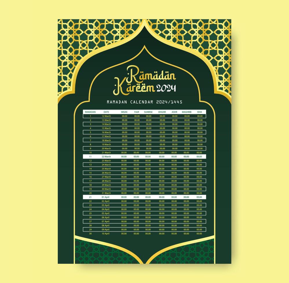 Ramadan Calendar Design Template 2024, Ramadan schedule, Imsakia design