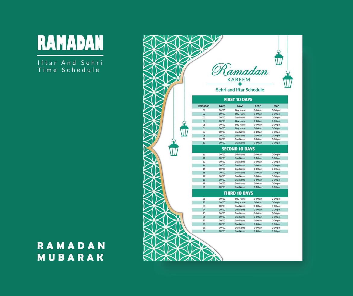 Ramadan Calendar Design Template 2024, Ramadan schedule, Imsakia design for Ramadan Kareem 2024 - 1445 Prayer times in Ramadan, Islamic Calendar and Sehri Ifter time Schedule. vector