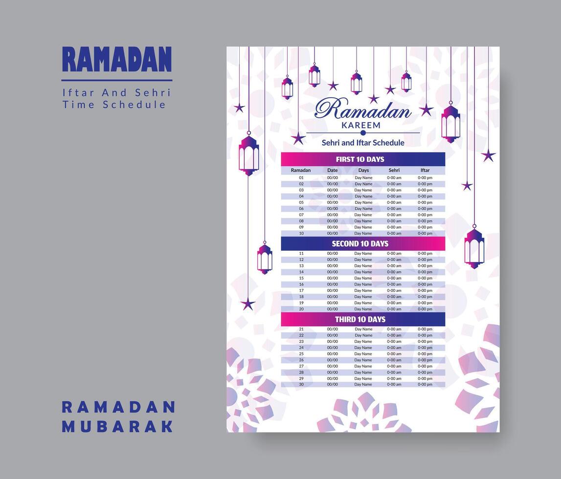 Ramadan Calendar Design Template 2024, Ramadan schedule, Imsakia design for Ramadan Kareem 2024 - 1445 Prayer times in Ramadan, Islamic Calendar and Sehri Ifter time Schedule. vector