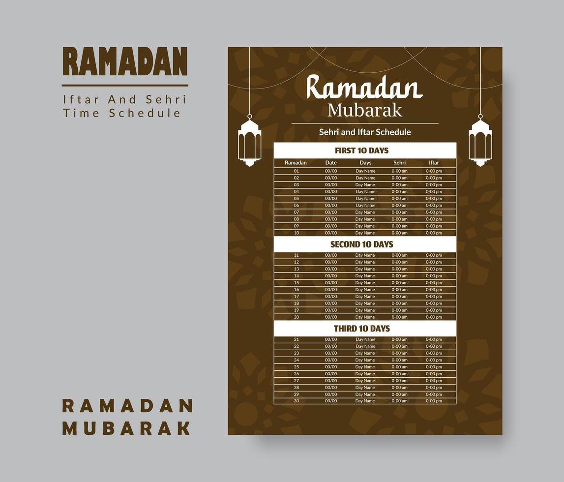 Ramadan Calendar Design Template 2024, Ramadan schedule, Imsakia design for Ramadan Kareem 2024 - 1445 Prayer times in Ramadan, Islamic Calendar and Sehri Ifter time Schedule. vector