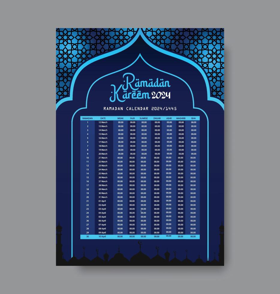 Ramadan Calendar Design Template 2024, Ramadan schedule, Imsakia design