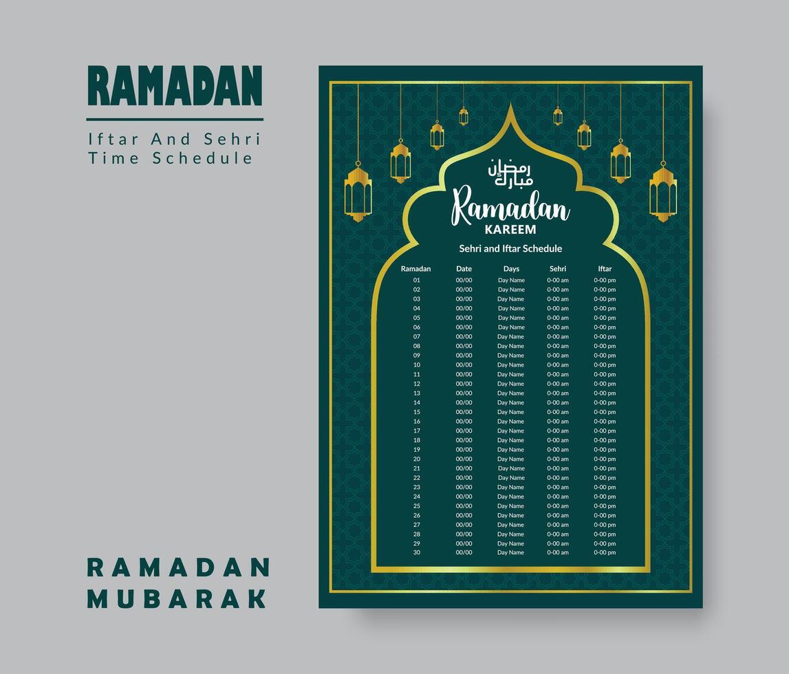 Ramadan Calendar Design Template 2024, Ramadan schedule, Imsakia design for Ramadan Kareem 2024 - 1445 Prayer times in Ramadan, Islamic Calendar and Sehri Ifter time Schedule. vector