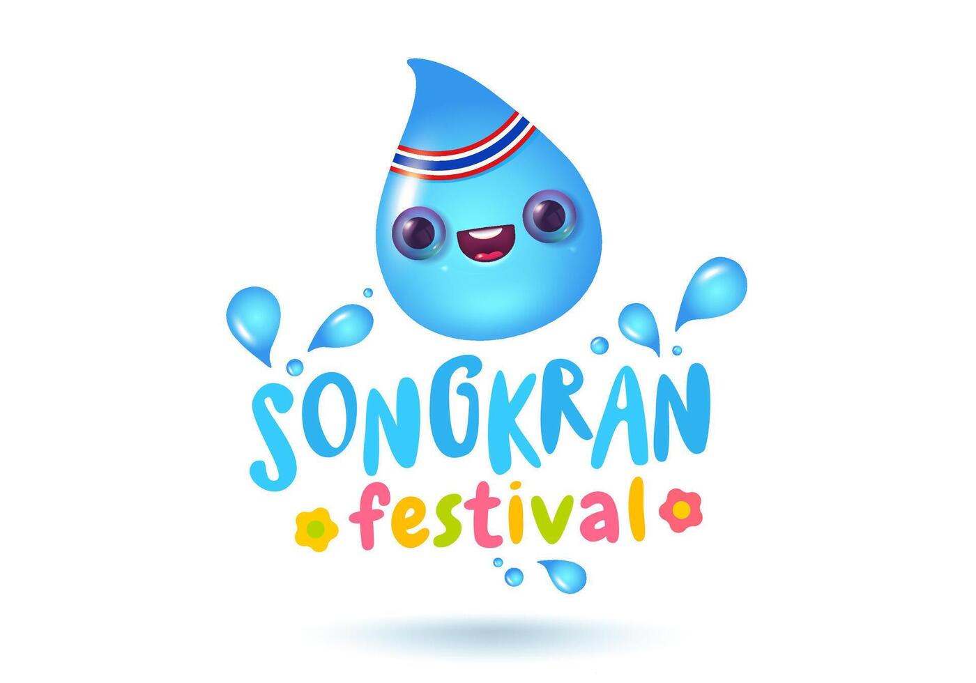 Vector illustration of kawaii water drop in 3D style for Songkran festival. Vector icon of kawaii rain drop in realistic style for Songkran.