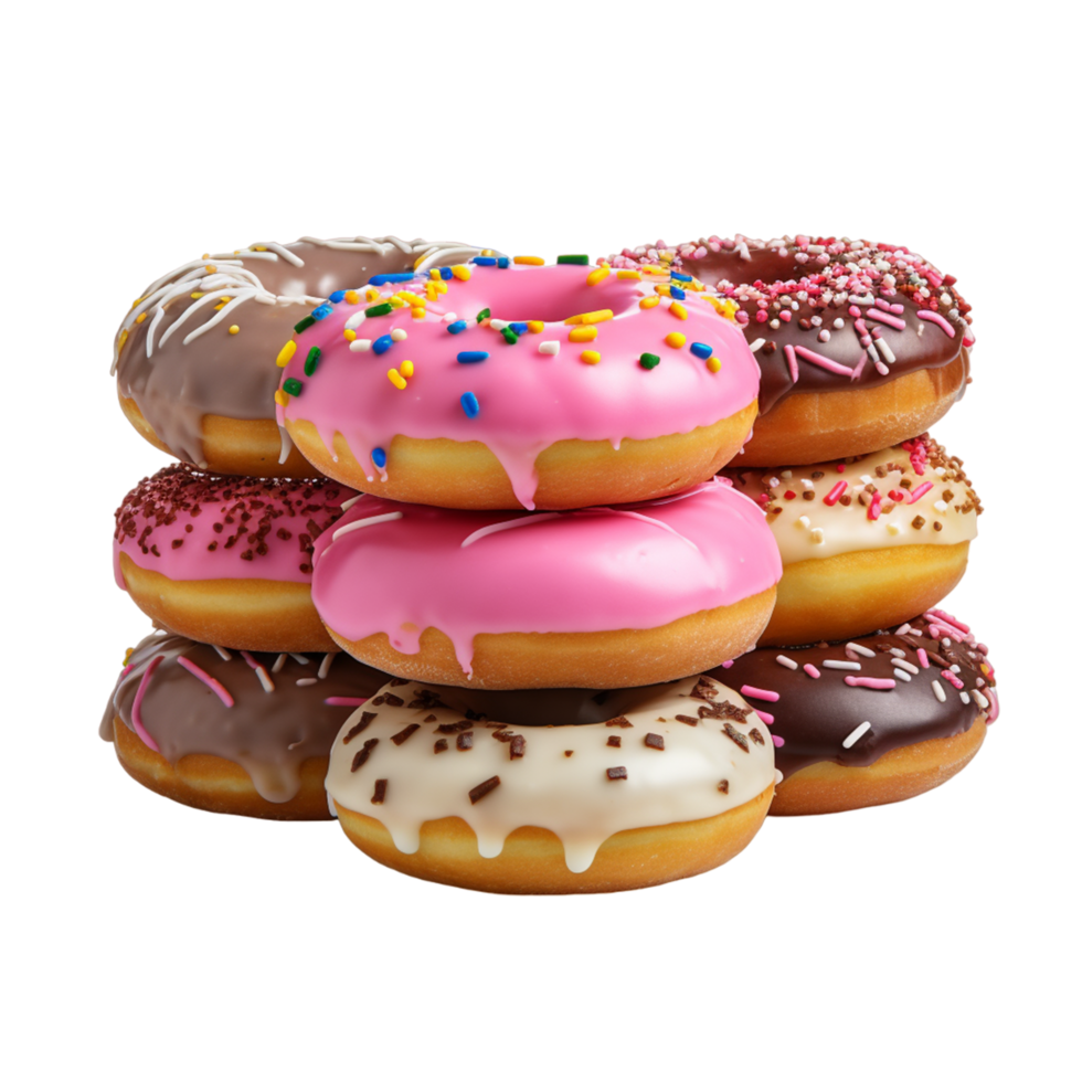 AI generated Assorted donuts with chocolate frosted pink glazed and sprinkles donuts png