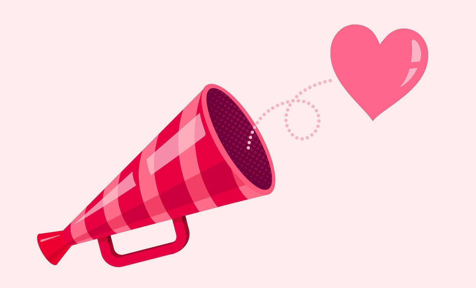 Vector vintage striped megaphone with heart for Valentine's day. Vintage megaphone with pink heart.