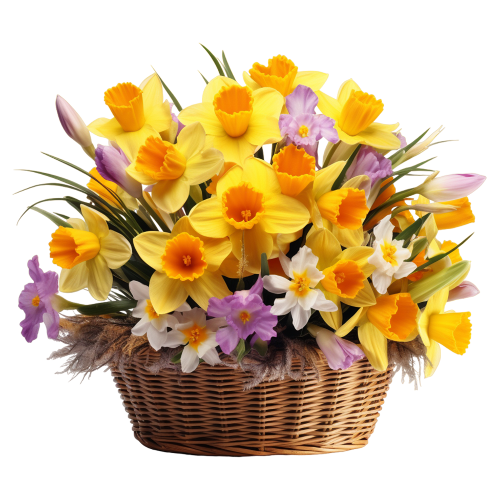 AI generated Fresh colorful yellow roses and blue irises in a basket against png