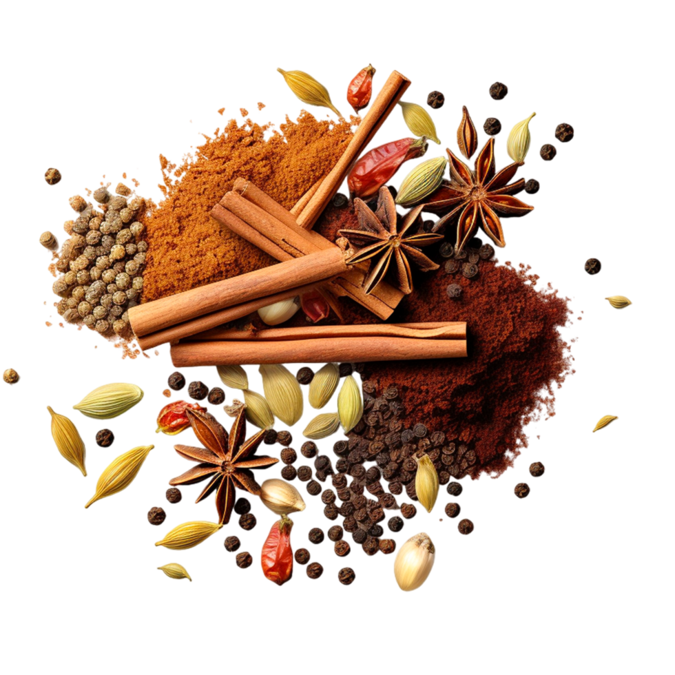 AI generated Spices bay leaf black pepper cinnamon star anise png