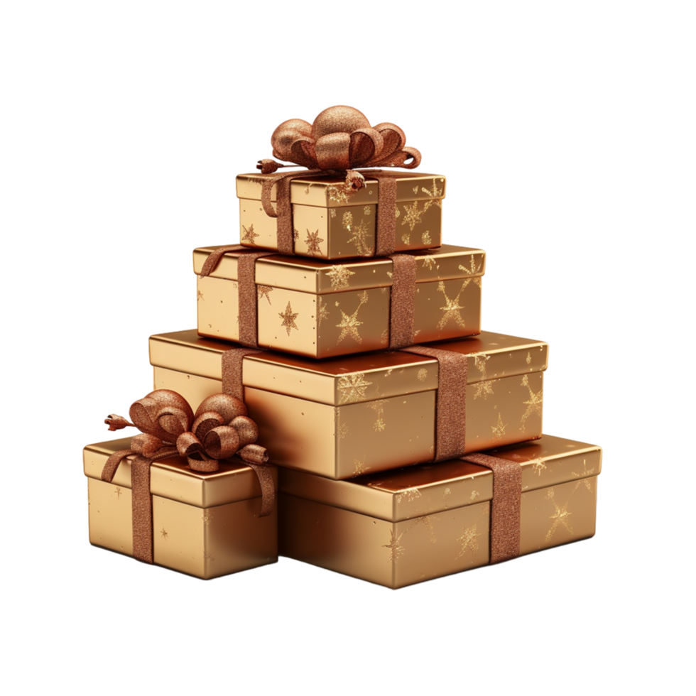 ai gegenereerd een stack van goud geschenk dozen met een goud boog png