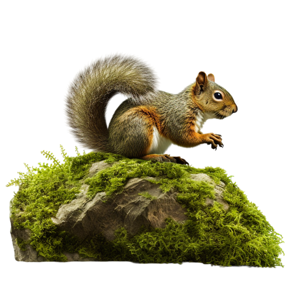 AI generated Squirrel on green mossy rock png