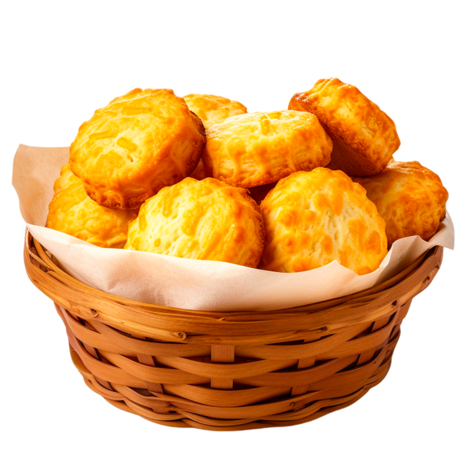 AI generated Basket full of cheddar cheese biscuits png