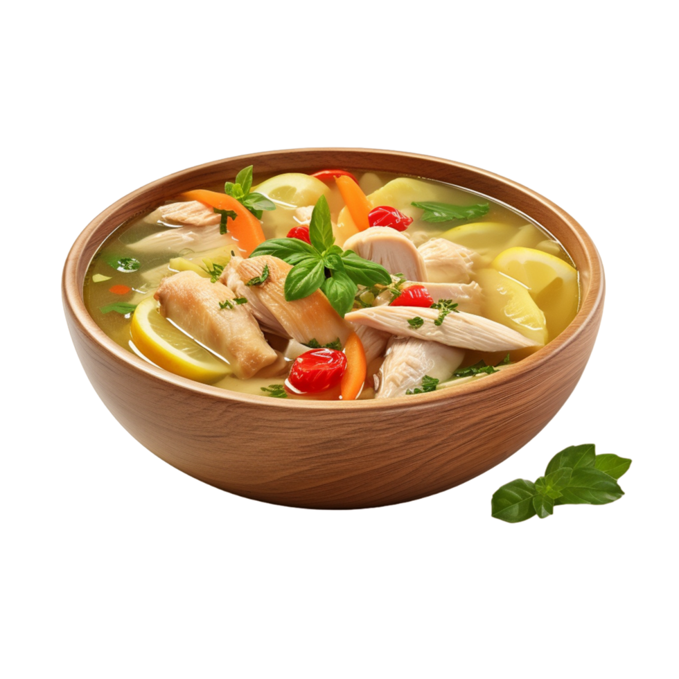 AI generated A bowl of soup with a picture of a bowl of food with a lemon and mint png