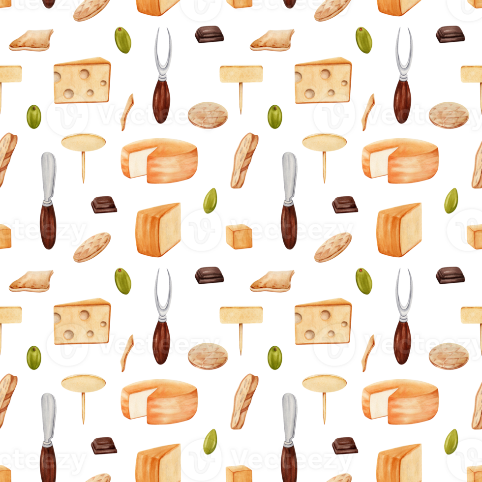 Seamless pattern with green olives, pieces of cheese, chocolate, crackers, knife and fork. Hand drawn watercolor illustration isolated on transparent background. Textile, fabric, print, card design. png