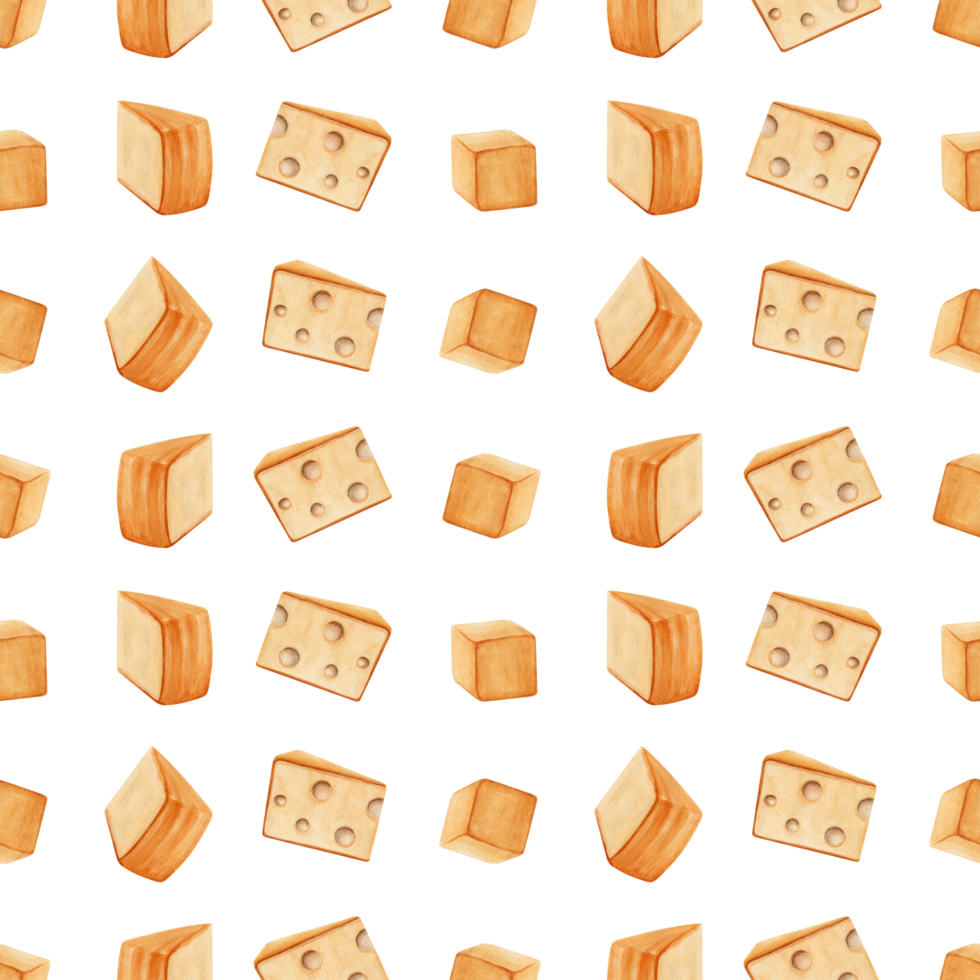 Seamless pattern with pieces of cheese facing different directions. Hand drawn watercolor illustration isolated on transparent background. Textile, fabric, tea tower, wallpaper, card design element. png