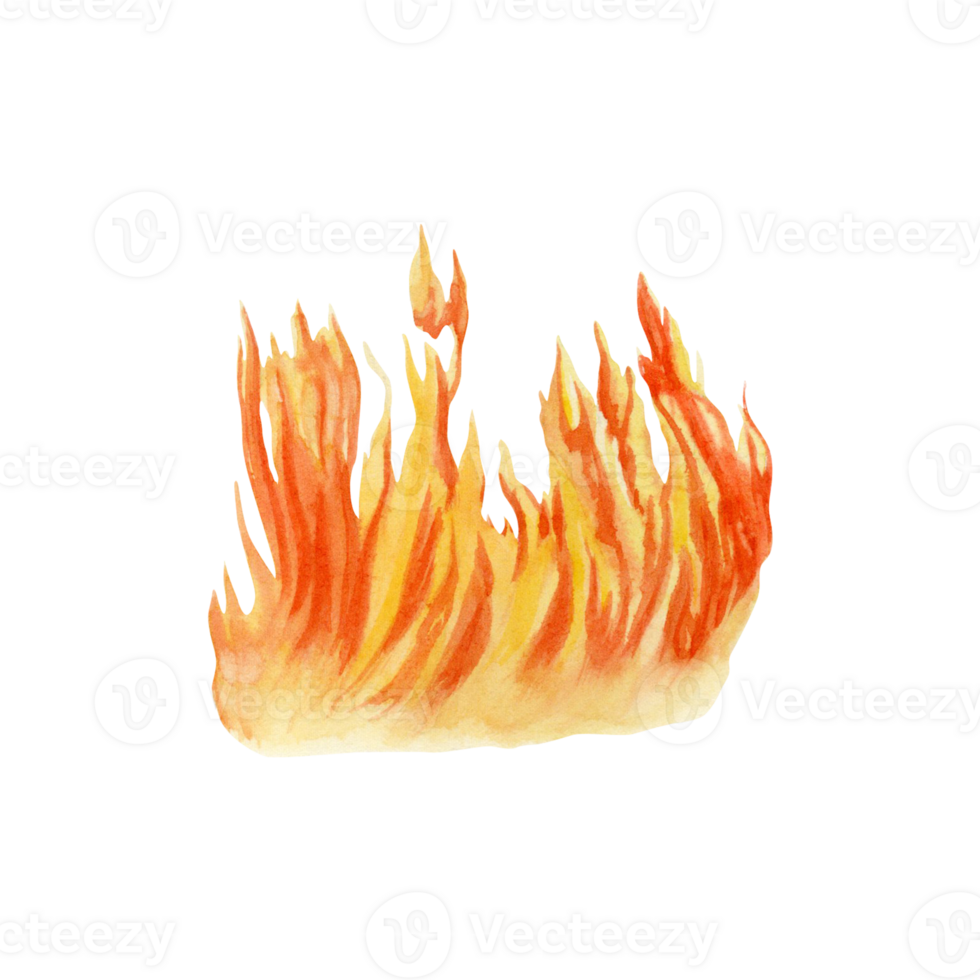 Burning fire flames. Bushfire, campfire, fire place Hand drawn element for adventure, touring, outdoors, 4x4 off-roading, camping designs. Watercolor illustration isolated on transparent background png