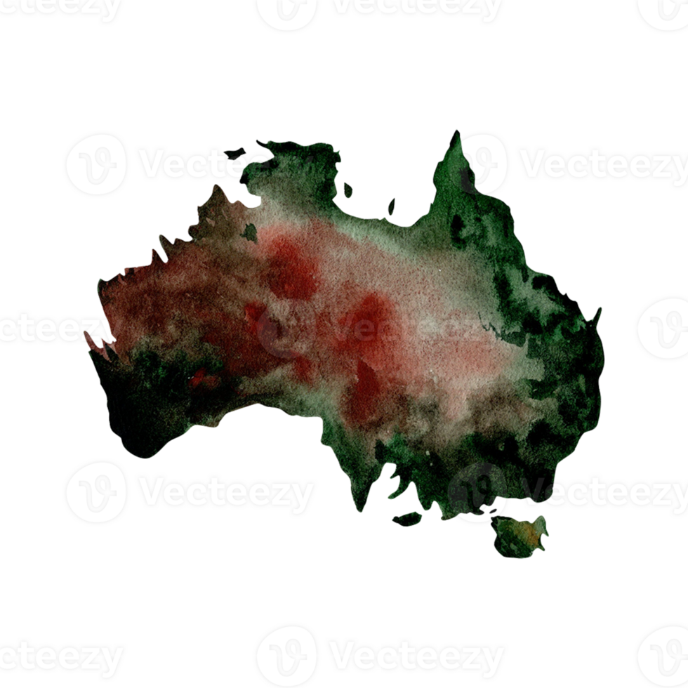 Sateline view of Australia. Topographic map with major geographic areas coloured according to outback. Design element for camping, tourism, travel. Watercolor illustration on transparent background png