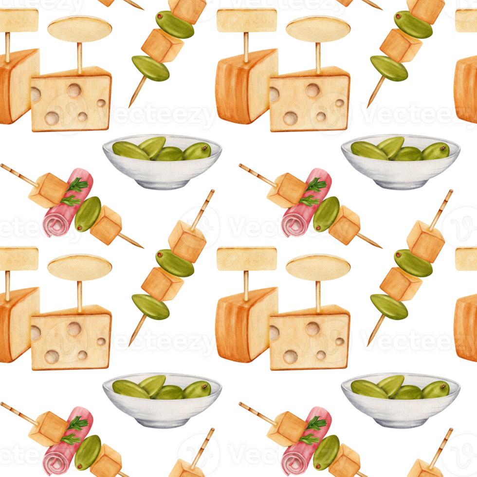 Seamless pattern with plate of green olives, pieces of cheese, ham and parsley on skewers. Hand drawn watercolor illustration isolated on transparent background. Textile, fabric, print, card design. png