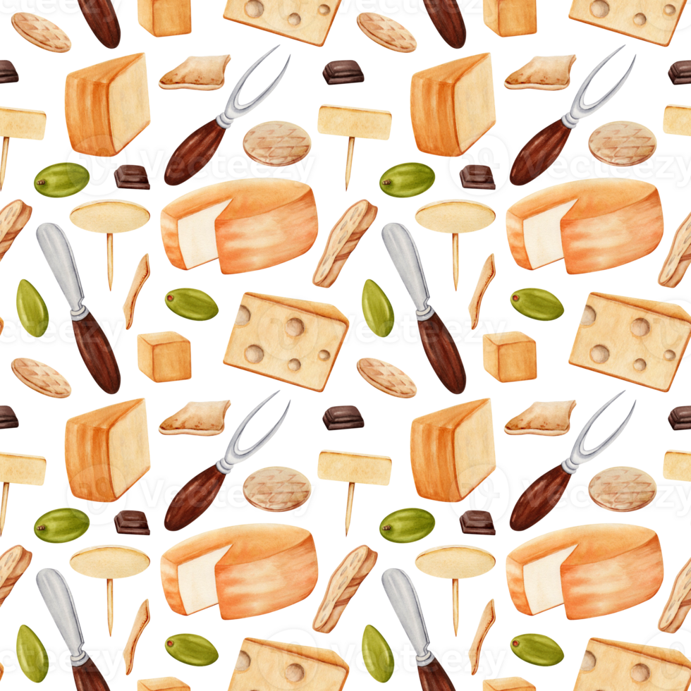 Seamless pattern with green olives, pieces of cheese, chocolate, crackers, knife and fork. Hand drawn watercolor illustration isolated on transparent background. Textile, fabric, print, card design. png