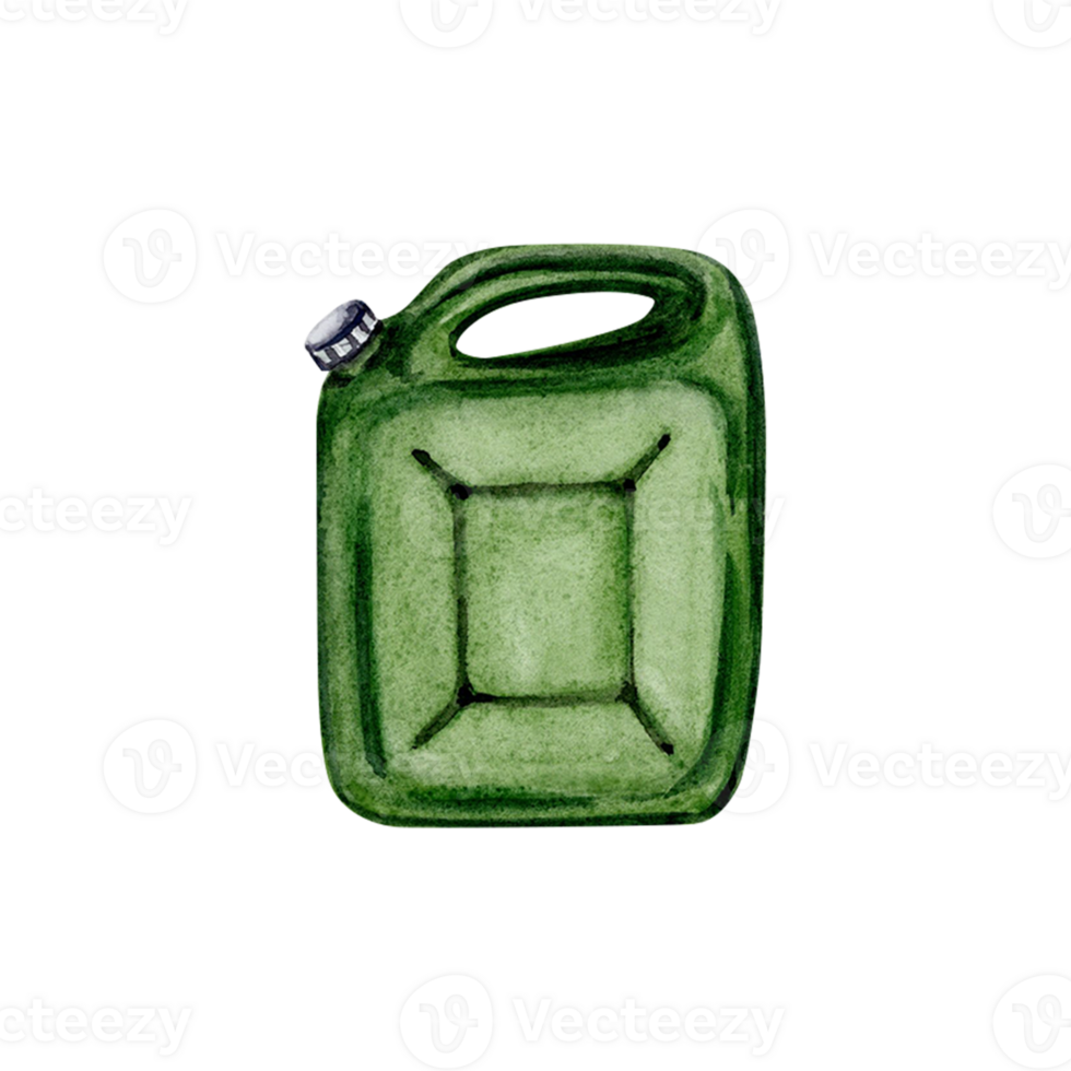 Green jerry can. Fuel container. Diesel. Hand drawn element for tourism, touring, outdoors, 4x4 off-roading, car repair, camping designs. Watercolor illustration isolated on transparent background png