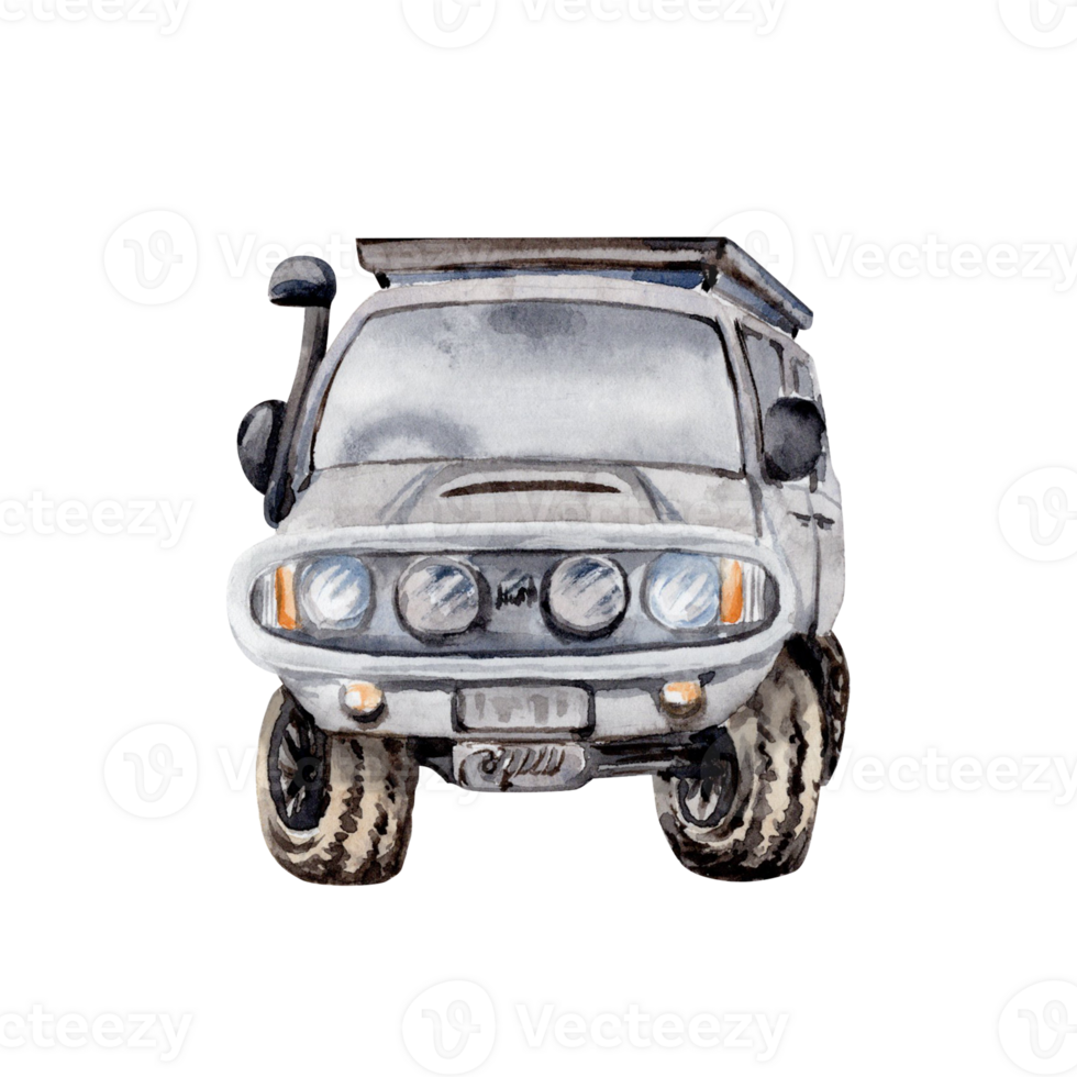 Front view of white car with roof rack. Hand drawn element for adventure, tourism, touring, outdoors, 4x4 off-roading, car repair, camping designs. Watercolor illustration on transparent background png