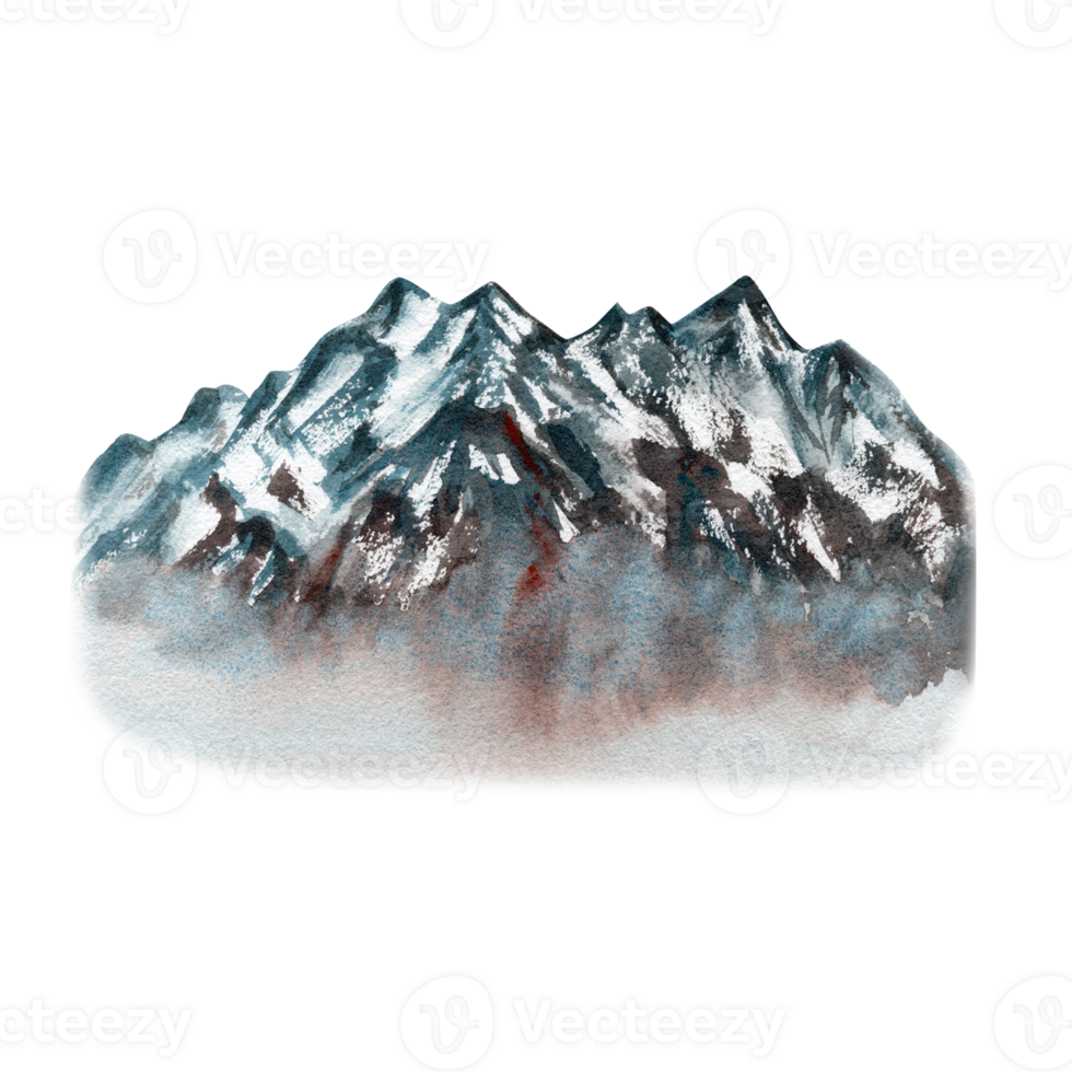 Mountain formation background. Design element. Snowy tops. Abstract Alps watercolor illustration on transparent background. Hand drawn element for tourism, outdoors, off-roading, camping designs png