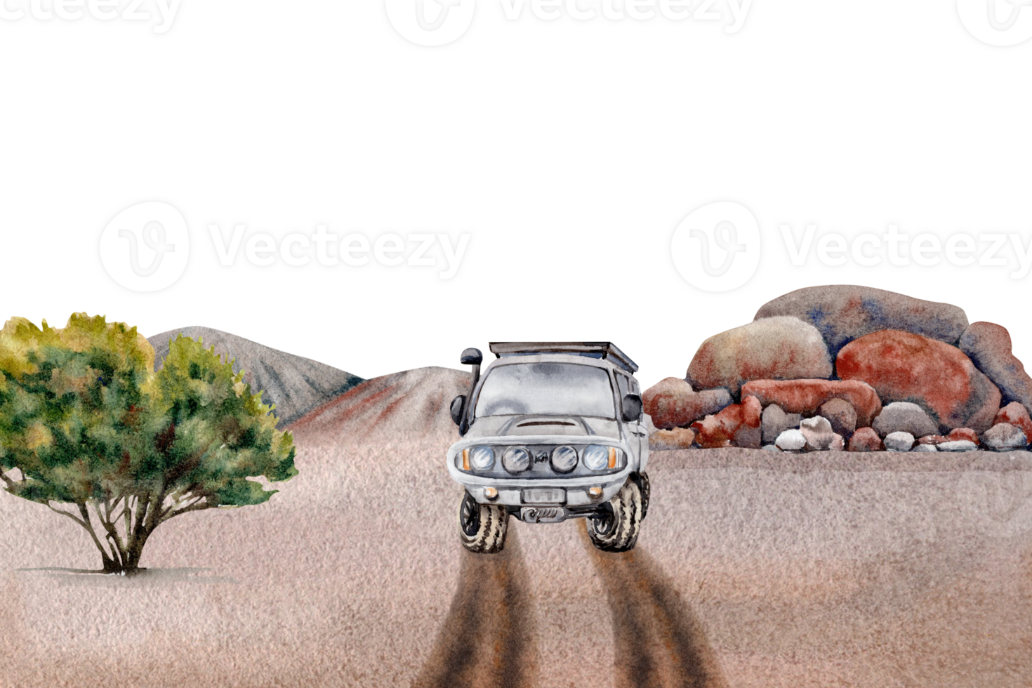 Outback adventure composition with 4WD car, tree, rocks, sand. Landscape card for camping, tourism, outdoors, 4x4 off-roading. Copy space template. Watercolor illustration on transparent background png