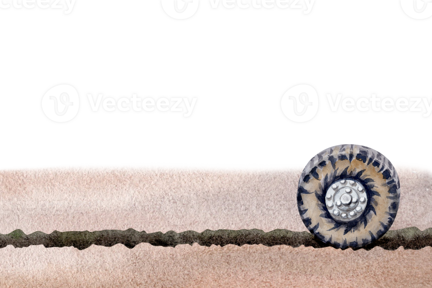 Card design with car wheel and tyre track on sandy desert background. Clip art composition for touring, exploring, travel, car service, adventure.  Watercolor illustration on transparent background png