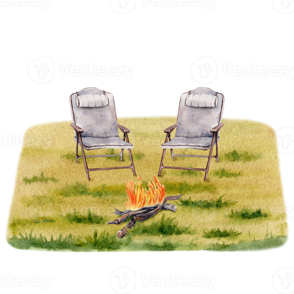 Camping composition of two folding chairs, campfire on grassy background. For tourist or travel prints, cards, fliers, designs. Hand drawn element. Watercolor illustration on transparent background png