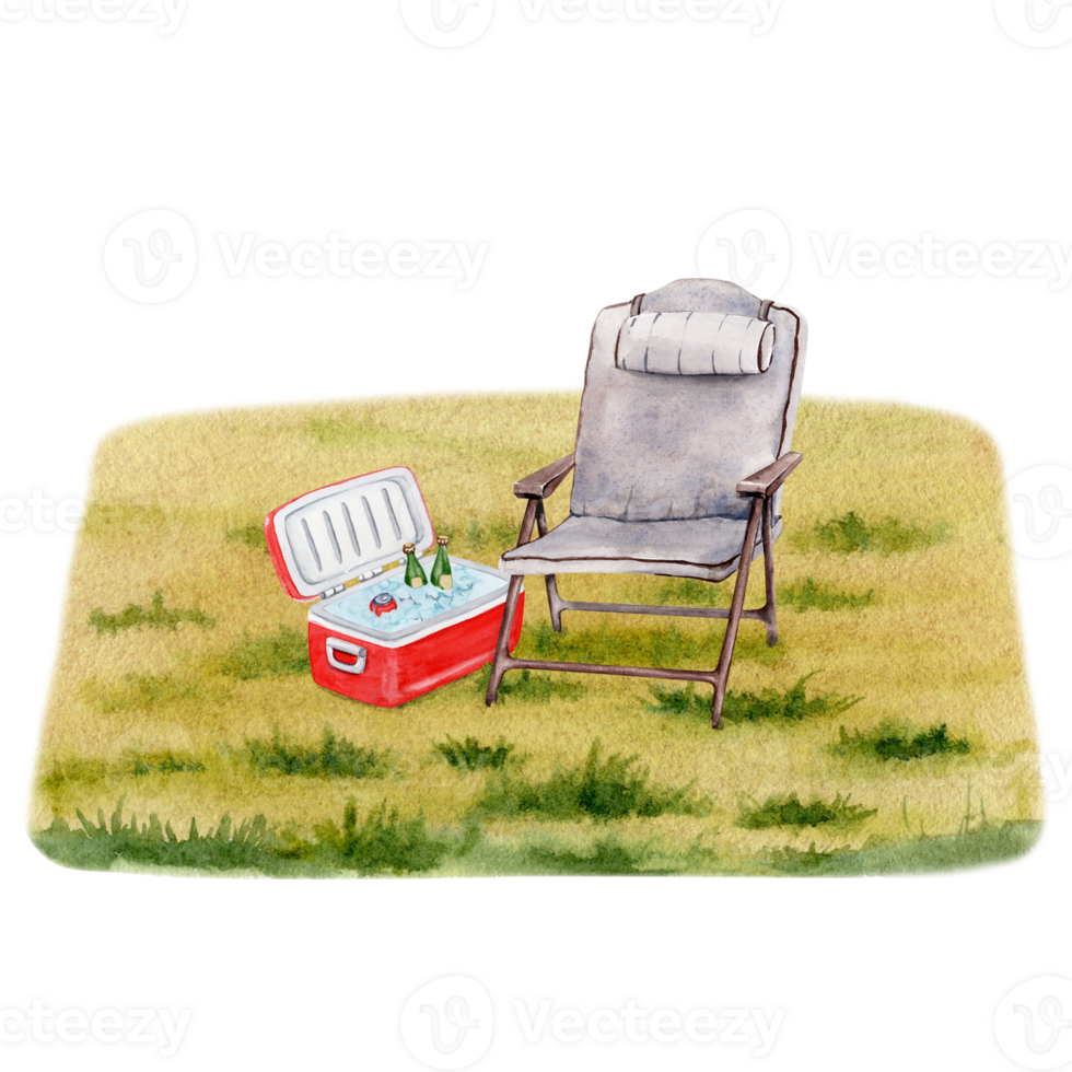 Camping composition of a folding chairs and a cool box on grassy background. For tourist or travel prints, fliers, designs. Hand drawn element. Watercolor illustration on transparent background png